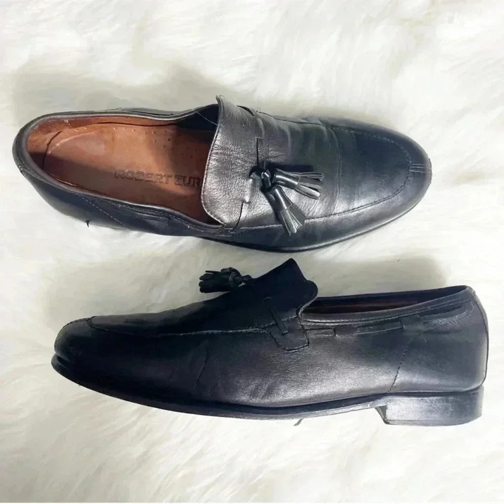 Robert Zur Mens Slip On Loafer Tassel Black Dress Shoes Size 9.5